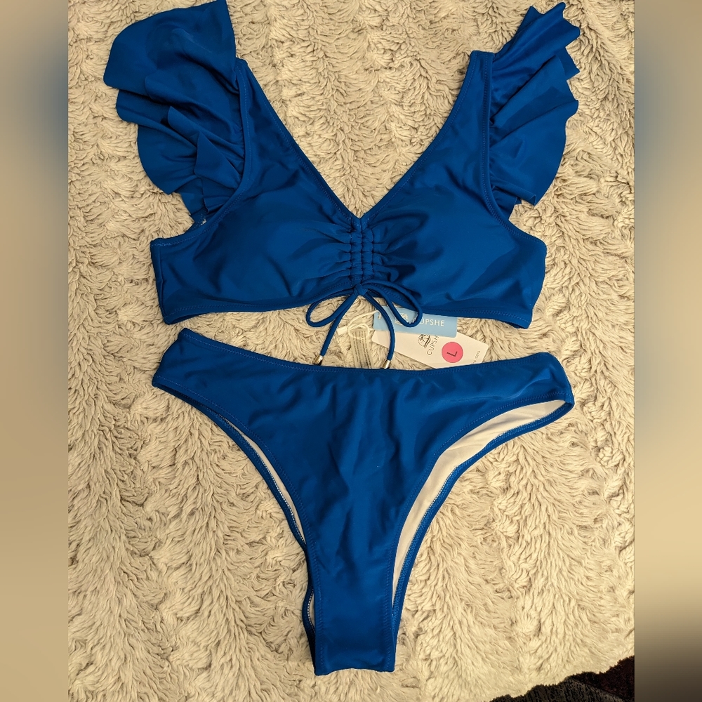 CupShe Ocean BLUE ruffle bikini with tie size Large 🌊